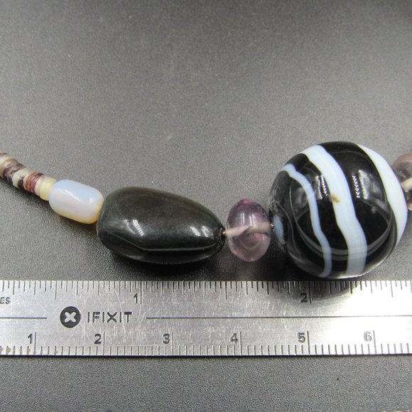 14" Sterling Silver Black Stones & Thin Cut Shell Necklace Vintage - Picture 5 of 6